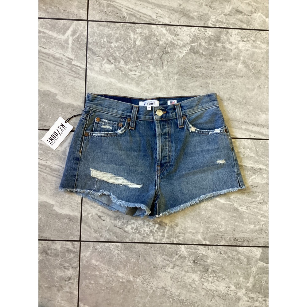 RE/DONE x Solid & Striped The Short Rip Wash Distressed Denim Shorts 24 NEW